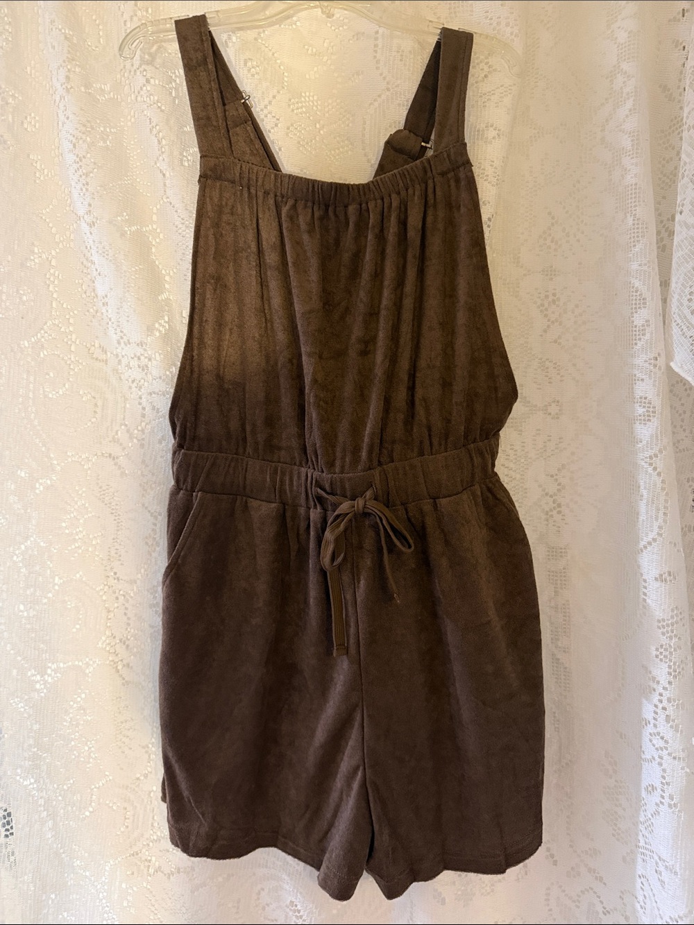 easel Brown Velour Drawstring Romper